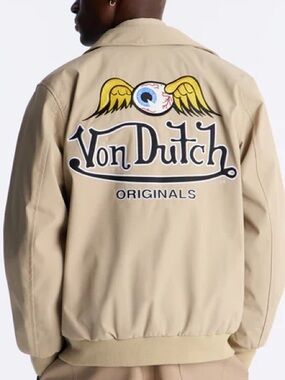 •For the Kulture• Von Dutch Tan Jacket Winged Logo | Y2K Streetwear Zip Jacket